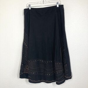 Carole Little Skirt Womens 14 Black Linen Rayon Midi Sequin Embroidered Lined